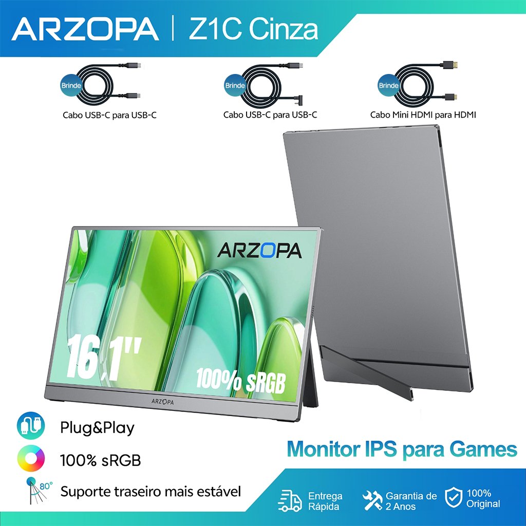 Monitor portátil Arzopa Z1C cinza de 16,1 polegadas, com suporte traseiro, na imagem do anúncio da Shopee